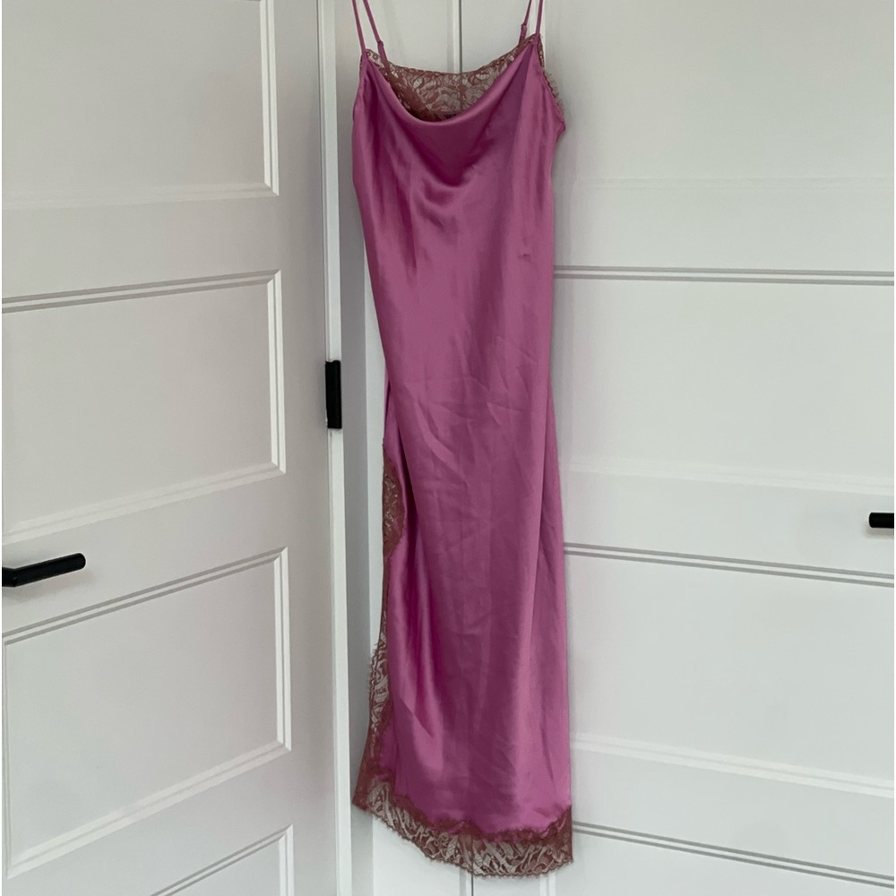 Victoria's Secret Fairy Drape Slit Satin Midi Dress. Color is purple/pink/mauve